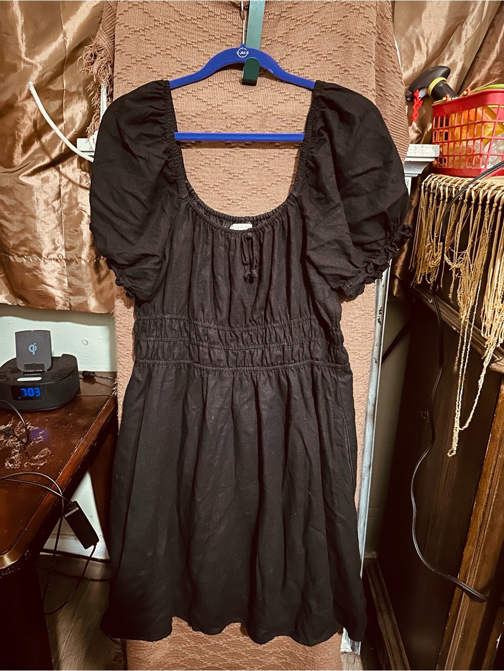 Copper Key Black Puff-Sleeve Smocked-Waist Mini Dress